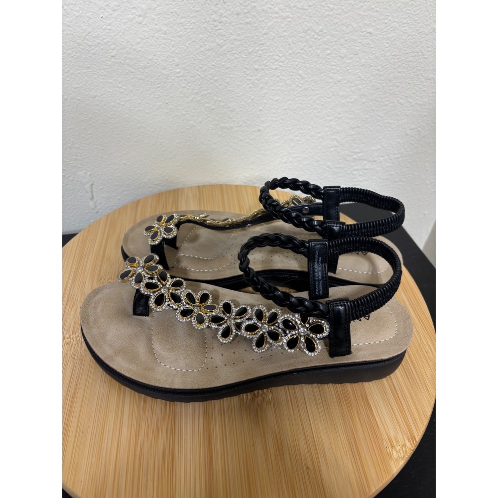 Andiamo Sandals 6.5M Tandem Black Jeweled Flower Braided Slingback - Picture 4 of 8
